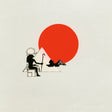 Simplified illustration of two figures under a large red circle on a beige background