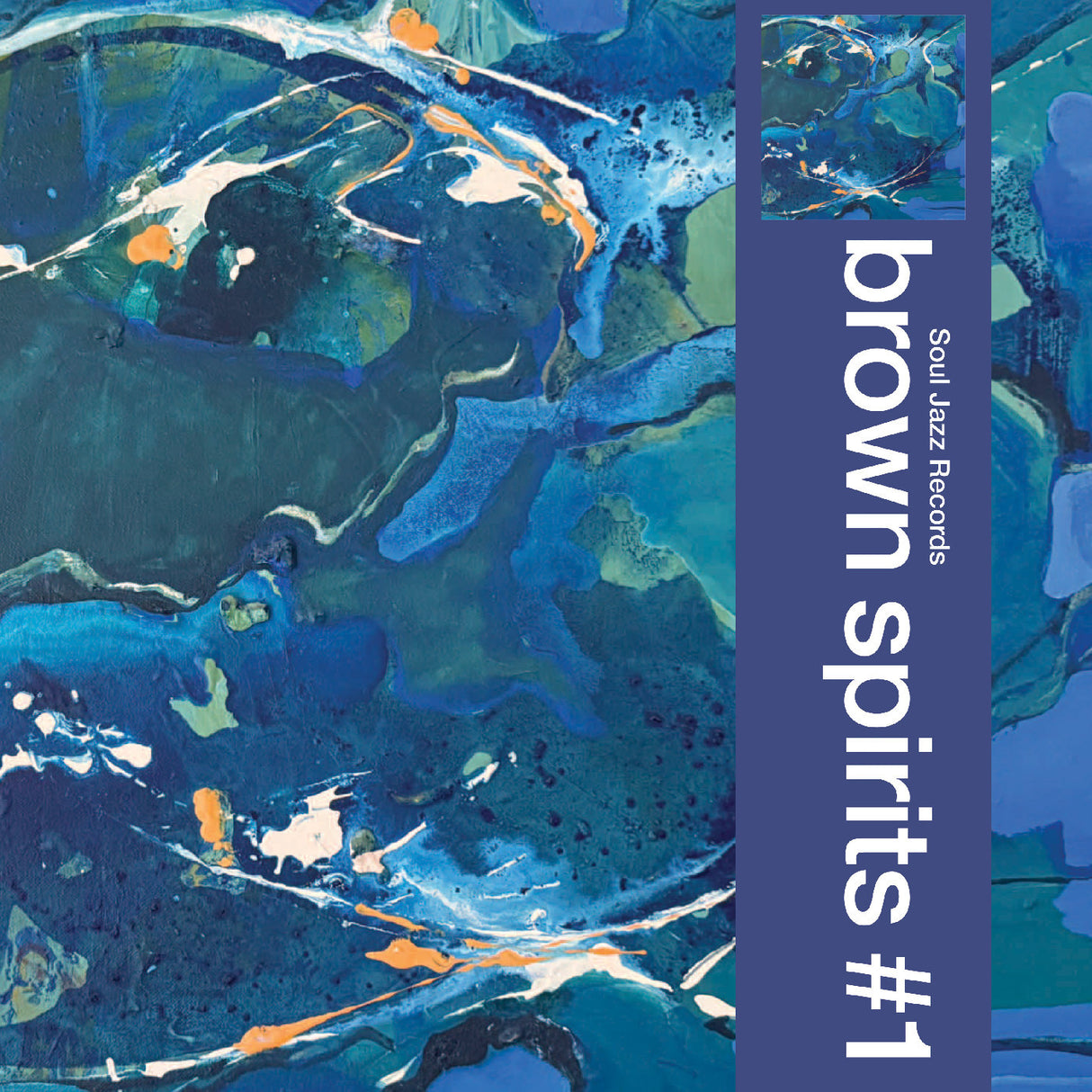 Album cover with abstract blue design and 'brown spirits #1' text on a purple background