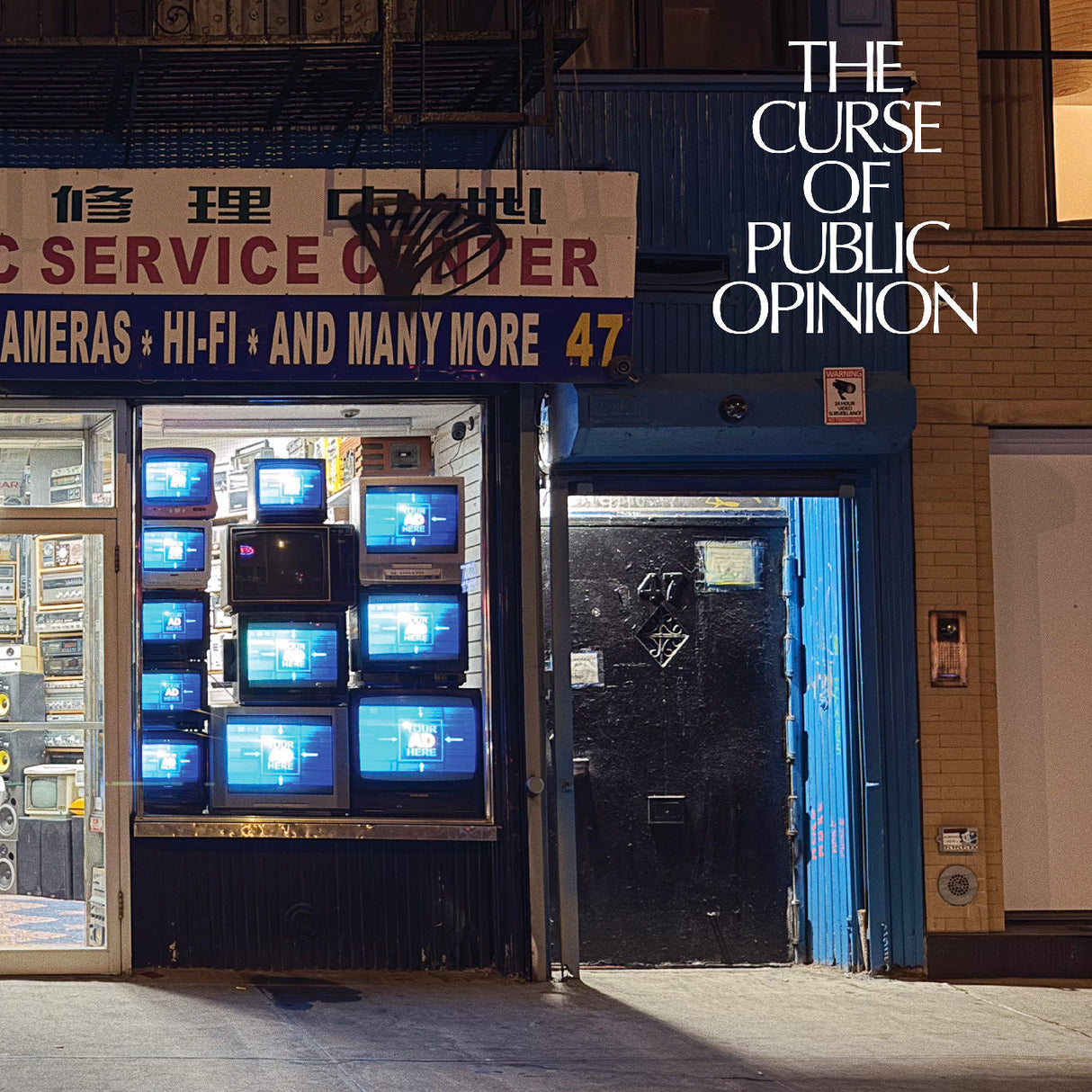 Vintage store front with multiple televisions and 'The Curse of Public Opinion' text overlay.