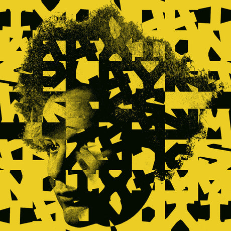 Abstract art with a face and geometric shapes on a yellow background
