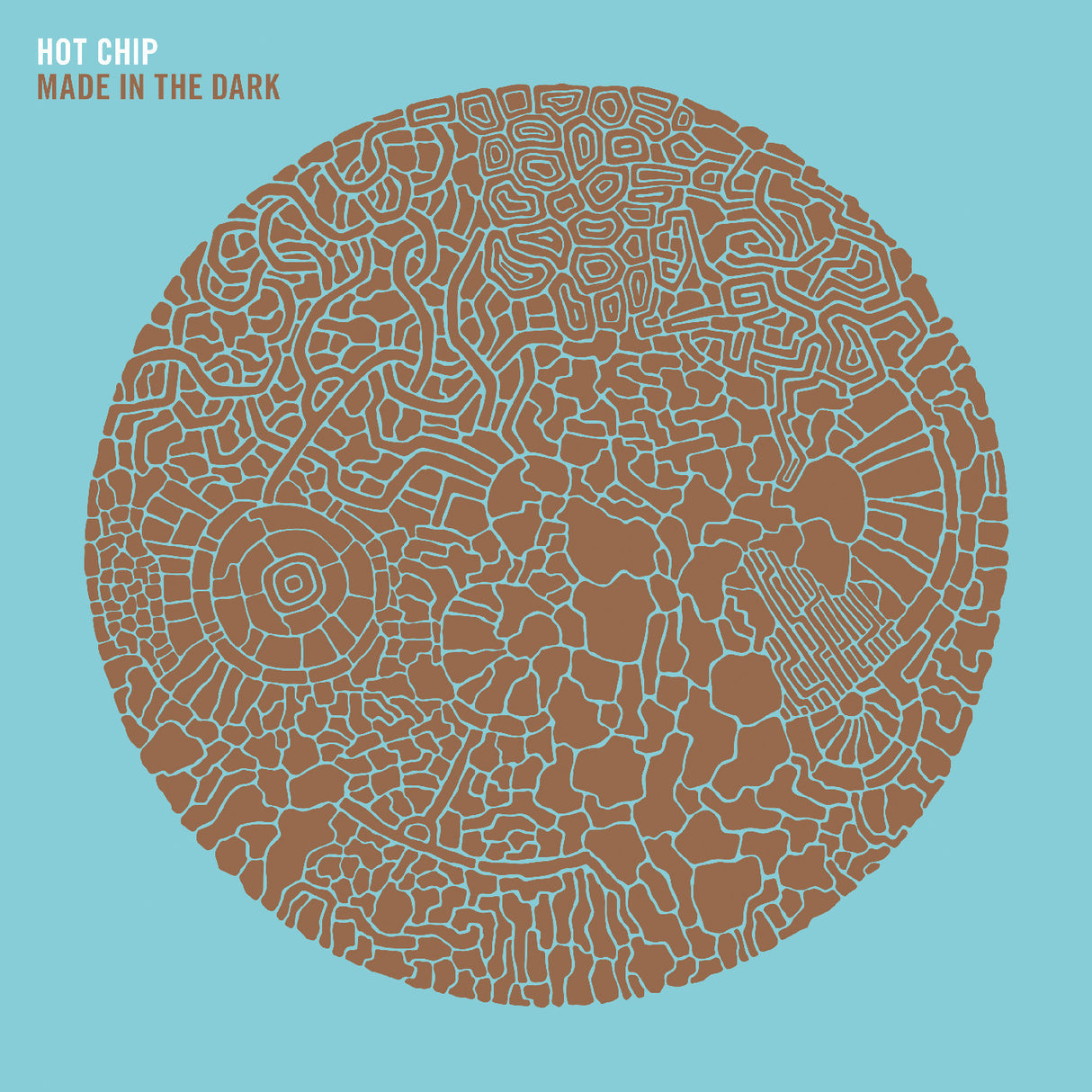 Album cover with intricate brown pattern on a light blue background, featuring the text 'Hot Chip Made in the Dark'.