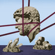 Stone sculpture of a head with a blue background and intersecting purple lines.