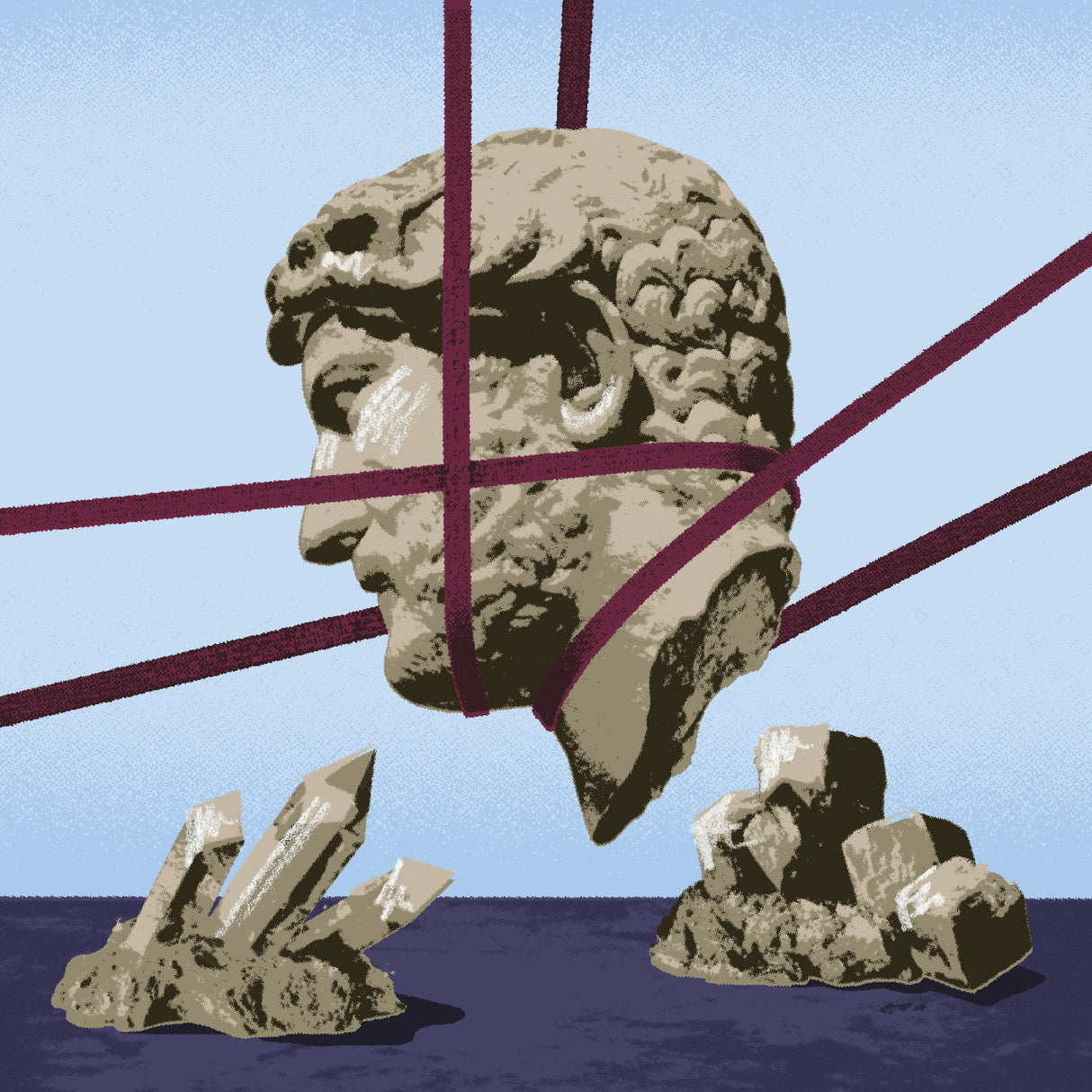 Stone sculpture of a head with a blue background and intersecting purple lines.
