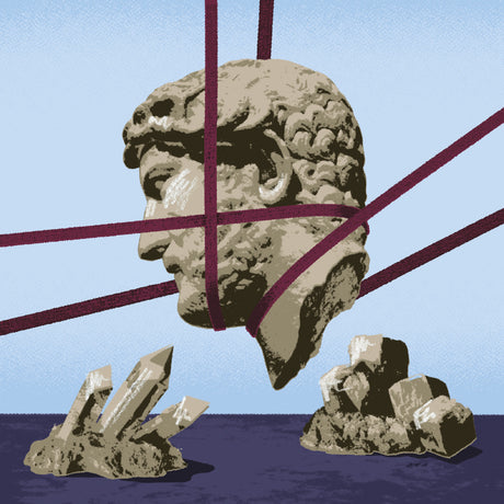 Stone sculpture of a head with a blue background and intersecting purple lines.