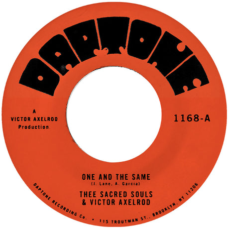 Orange vinyl record label with black text for 'One and the Same' by Thee Sacred Souls & Victor Axelrod