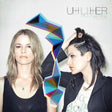 Two women with a colorful geometric design and album cover text on a white background
