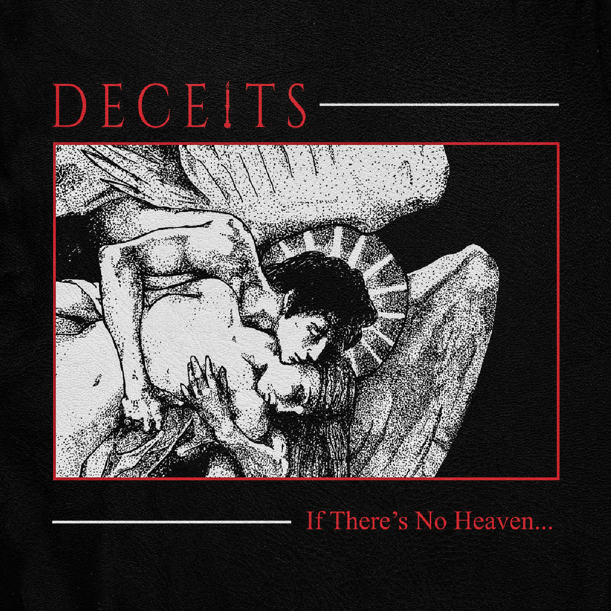 Album cover for 'Deceits' with black and white illustration of a woman and man embracing, set against a black background.