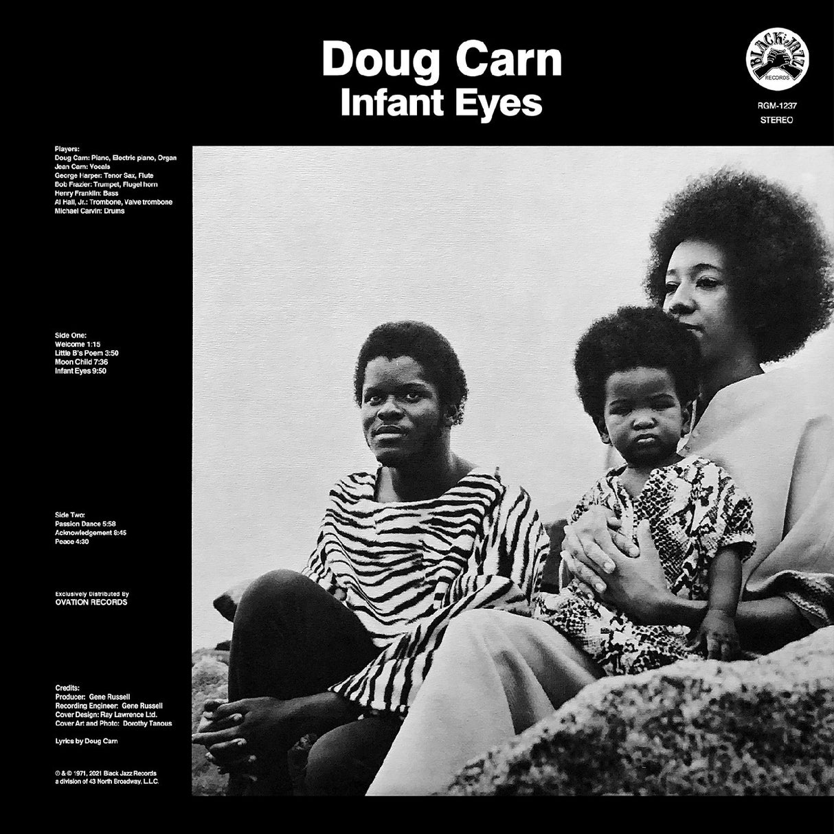 Album cover for 'Infant Eyes' by Doug Carn featuring a black and white photo of a woman and two children.