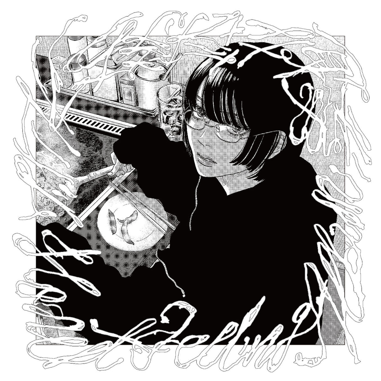 Black and white illustration of a person cooking with kitchen utensils.
