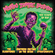 Album cover art for 'Mondo Zombie Boogaloo' featuring a central illustrated zombie holding a microphone against a bright green background, with stylized pink title text and smaller band names at the bottom.