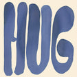 Abstract watercolor-style artwork with the word “HUG” in large rounded blue letters on a warm cream background.