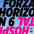 A graphic design with large black and hot pink text reading 'FORZA HORIZON 6 TITAL HOSPI' on a light blue gradient background, plus small black and white logo marks in the lower right.