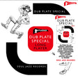 Promotional graphic for Studio Dub Plate Special vinyl records, featuring black and white line art illustrations of musicians, a large red rounded square with white text reading 'DUB PLATE SPECIAL LONG PLAYER,' and text for 'Soul Jazz Records' on a white background.