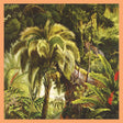 Tropical forest scene with palm trees and lush greenery on a peach-colored background
