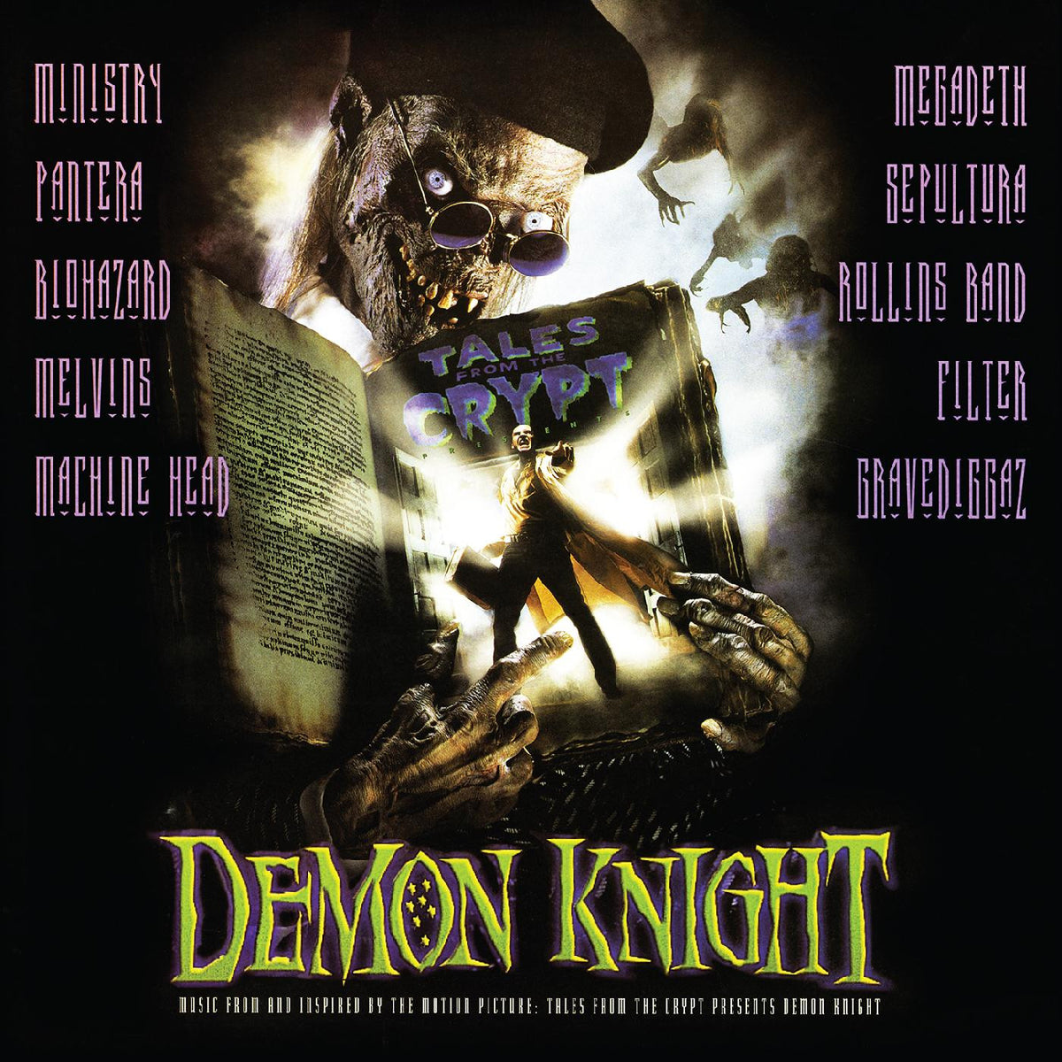 Album cover for 'Demon Knight' featuring a creature holding books with band names listed.