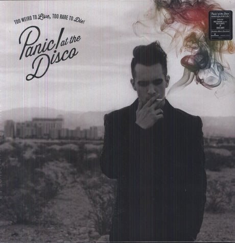 Album cover for Panic! at the Disco with a person smoking and cityscape in the background