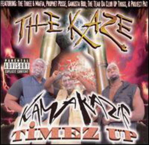 CD cover art for The Kaze - Kamakazie Timez Up featuring three men with the band name and album title written in stylized text over a fiery background.