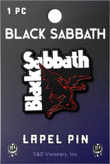 Black Sabbath lapel pin on a card with branding details
