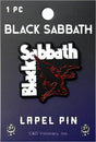 Black Sabbath lapel pin on a card with branding details