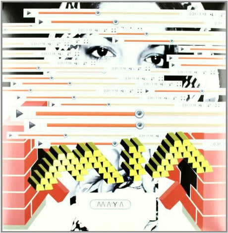 Album cover art featuring a stylized face with geometric shapes and text, predominantly in black, white, red, and yellow.