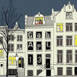 Illustration of a row of buildings with window displays and text.