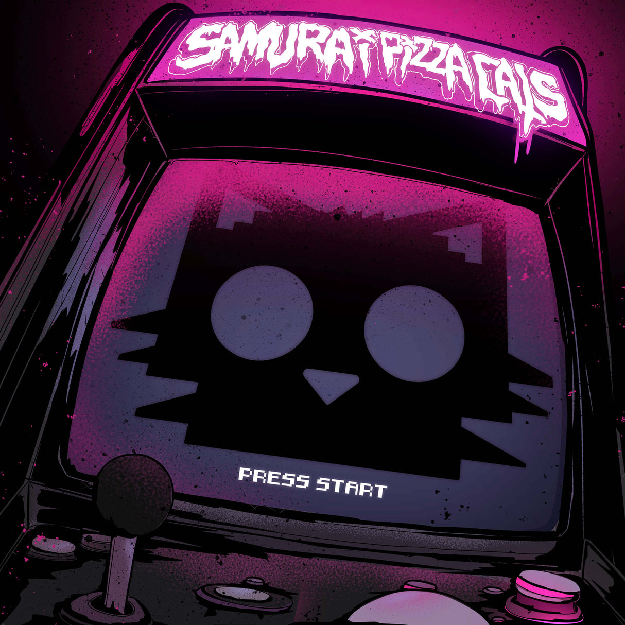 Pixelated game console with a 'Press Start' button and 'Samurai Pizza Cats' branding.