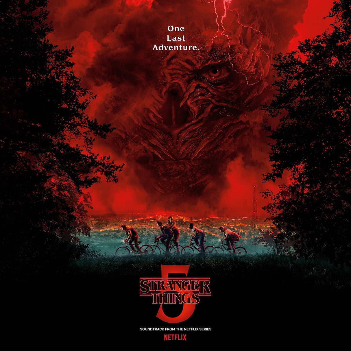 Promotional poster for 'Stranger Things' with a red glowing creature and silhouettes of people on bicycles.