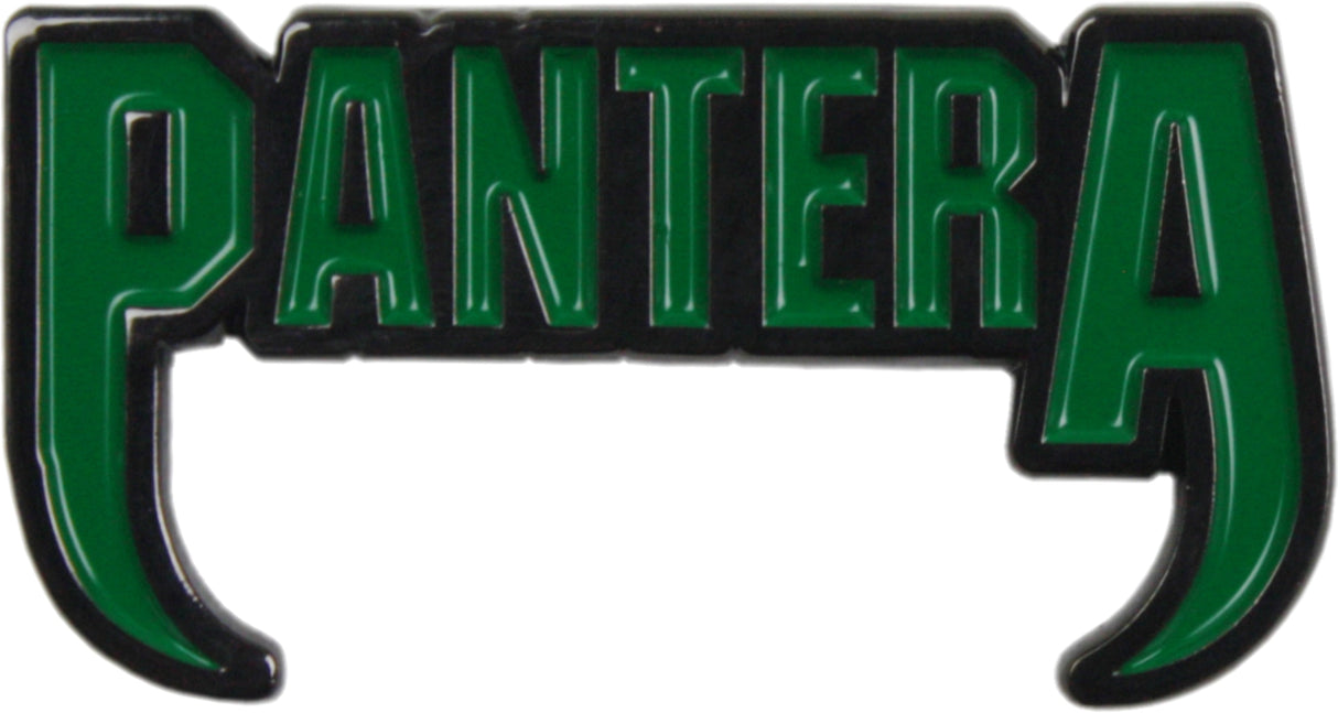 A green and black enamel lapel pin featuring the word 'PANTERA' in stylized lettering with curved horn-like extensions at the bottom.