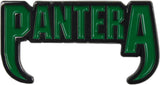 A green and black enamel lapel pin featuring the word 'PANTERA' in stylized lettering with curved horn-like extensions at the bottom.