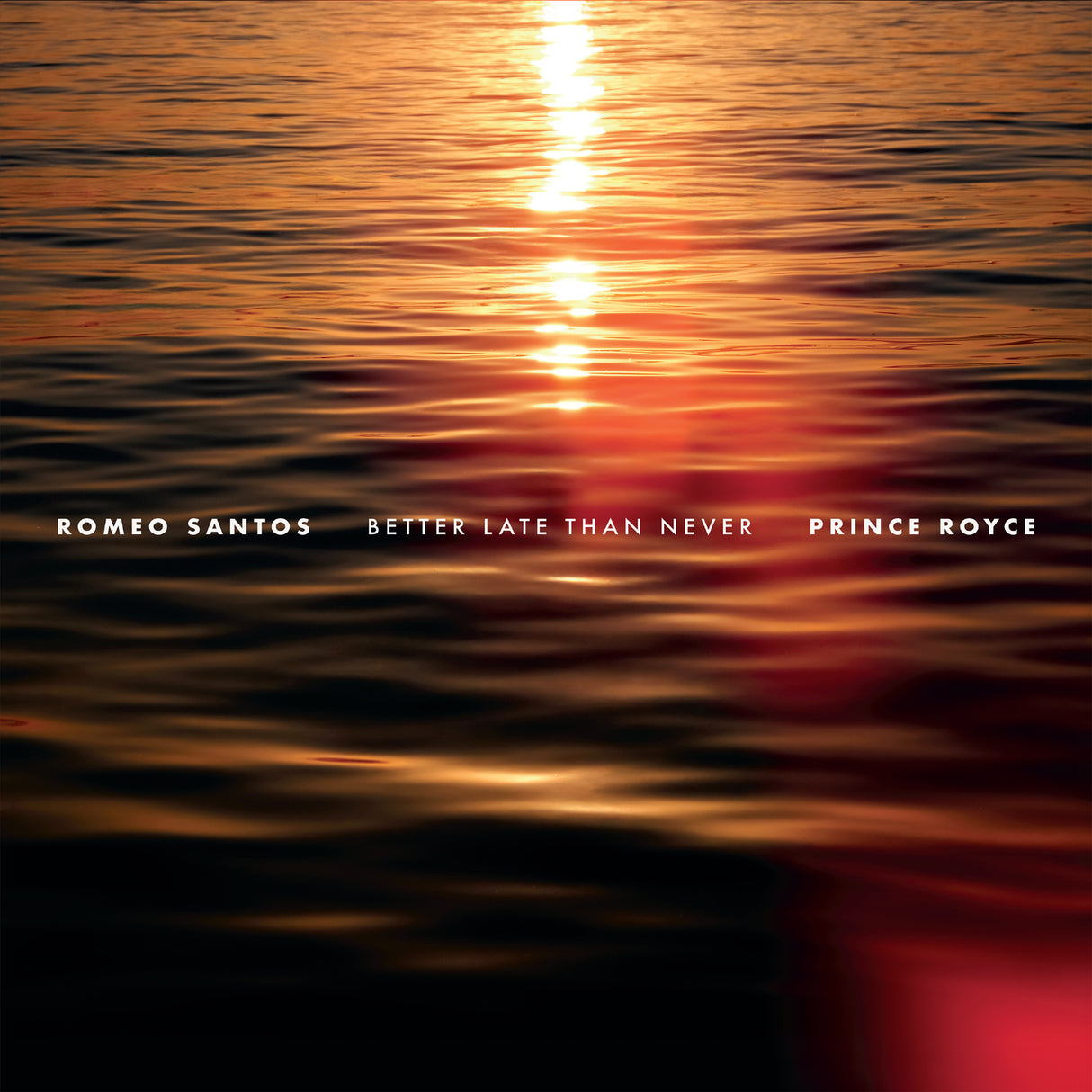 Album cover with sunset over water and artist names on a blurred background