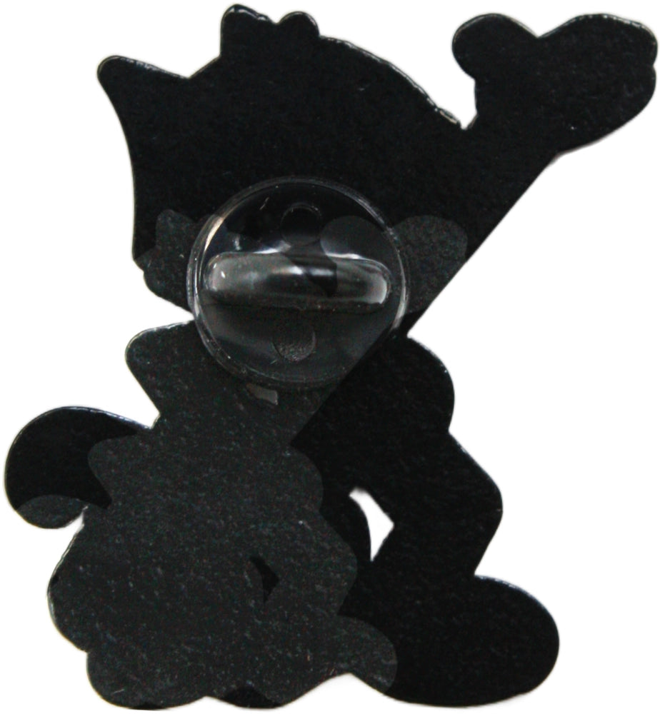 A black silhouette pin or badge shaped like Mickey Mouse, with a clear plastic fastener visible at the center, shown against a plain white background.