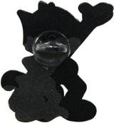A black silhouette pin or badge shaped like Mickey Mouse, with a clear plastic fastener visible at the center, shown against a plain white background.