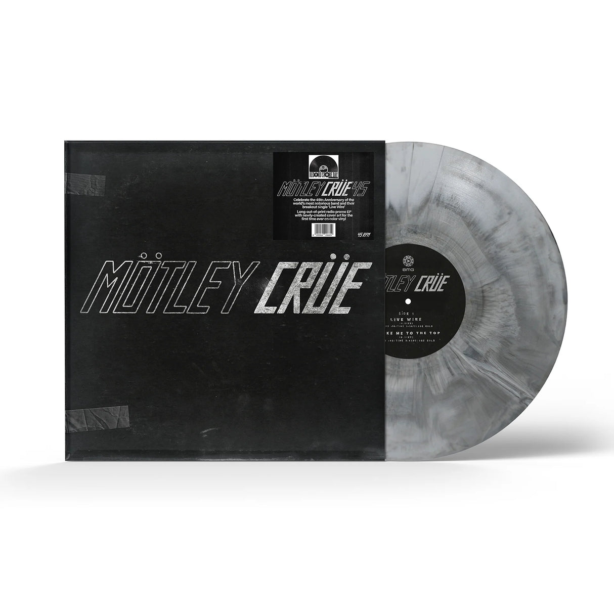 Vinyl record with 'Mötley Crüe' on the cover and a gray and black marbled disc.