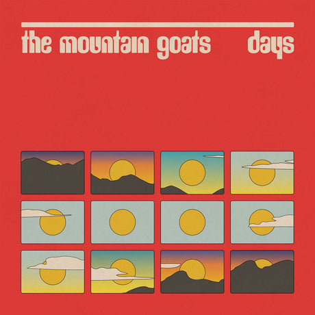 Album cover for 'days' by The Mountain Goats with sun and mountain graphics on a red background.