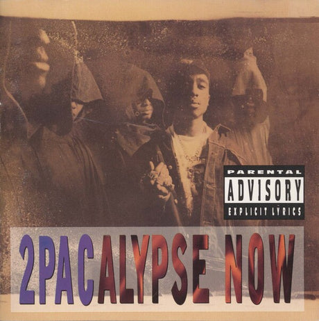 Album cover for '2Pacalypse Now' with a group of people and a Parental Advisory label.