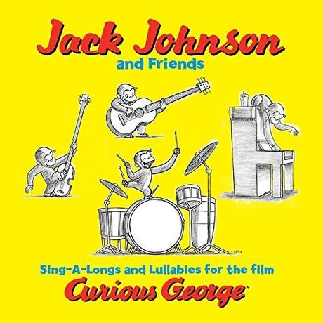 Album cover for 'Jack Johnson and Friends' featuring illustrations of characters playing instruments on a yellow background.
