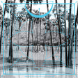 A black and white album cover featuring a tropical setting with palm trees and water, with a superimposed pink geometric pattern.