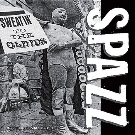 Black and white album cover with text and a person in a costume, featuring the band SPAZZ.