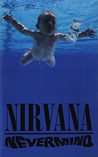 Album cover of Nirvana's 'Nevermind' with a child holding a dollar bill underwater.
