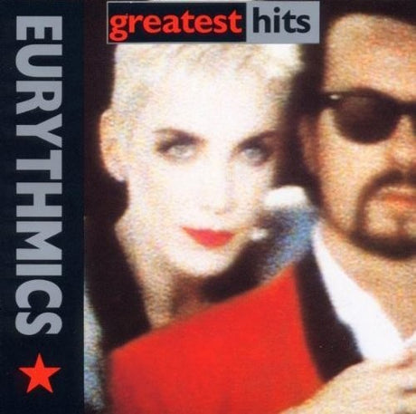 Album cover for Eurythmics' 'Greatest Hits' featuring a close-up of two people.