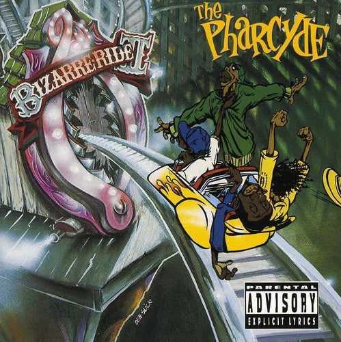Album cover for 'Bizarre Ride II the Pharcyde' with cartoon characters on a roller coaster.