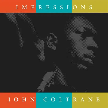 Album cover of 'Impressions' by John Coltrane with a stylized portrait and color blocks.
