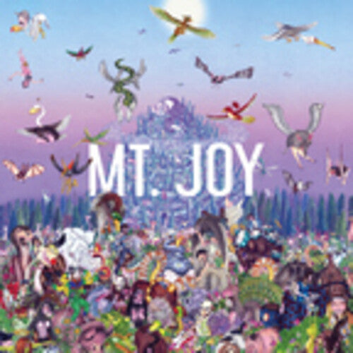 Album cover with 'Mt. Joy' text and colorful illustrations of people and animals against a blue sky.