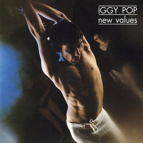 Album cover for 'New Values' by Iggy Pop featuring a shirtless man in white underwear.