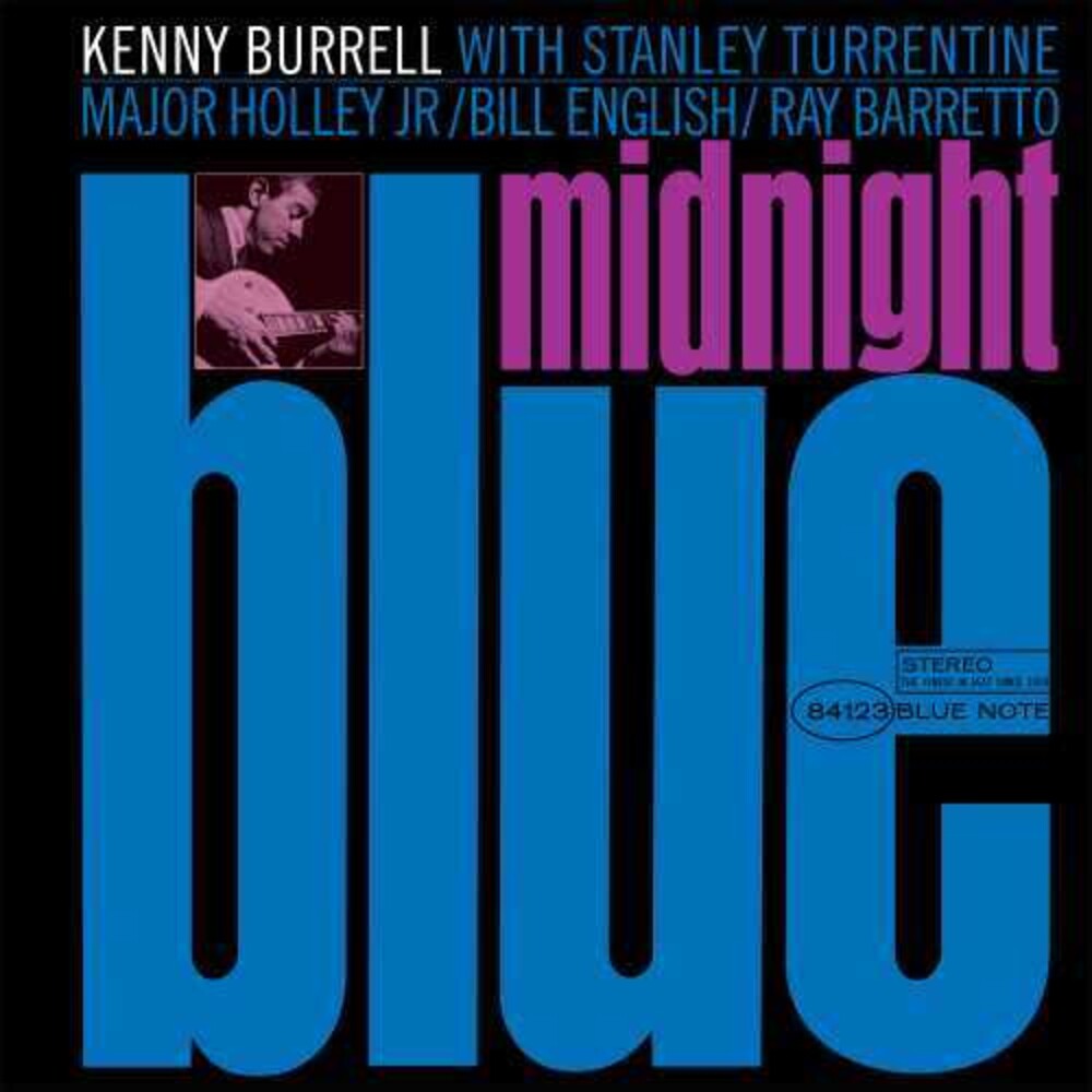 Album cover for 'Midnight Blue' by Kenny Burrell with text and a small inset of a person playing piano.