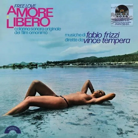 Album cover of 'Amore Libero' with a person lying on water and scenic background