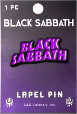 A Black Sabbath lapel pin on its original backing card. The pin features the band's name in a stylized purple font with a black outline and white highlights.