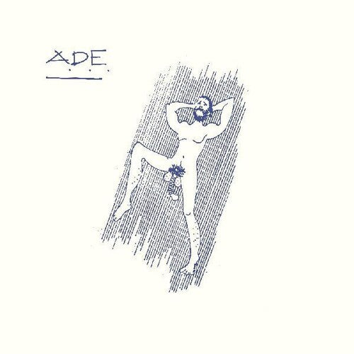 Blue line drawing of a reclining figure on a white background with 'ADE' text.