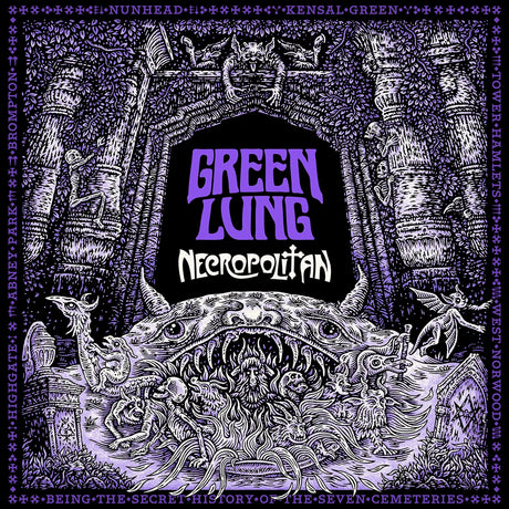 Album cover for 'Necropolitan' by Green Lung with intricate designs and text.