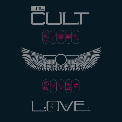 Album cover art for The Cult's Love LP featuring a design with wings and text against a dark background.